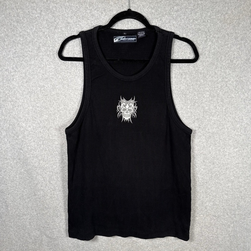 Point zero skull tank top mens small black ribbed stretch vintage Y2K